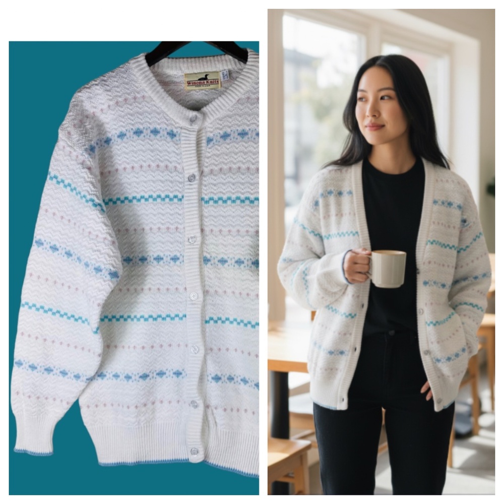 Vtg 80s 90s Winona Knits Large Cardigan Sweater Stripe Pastel Kawaii Fairy Core